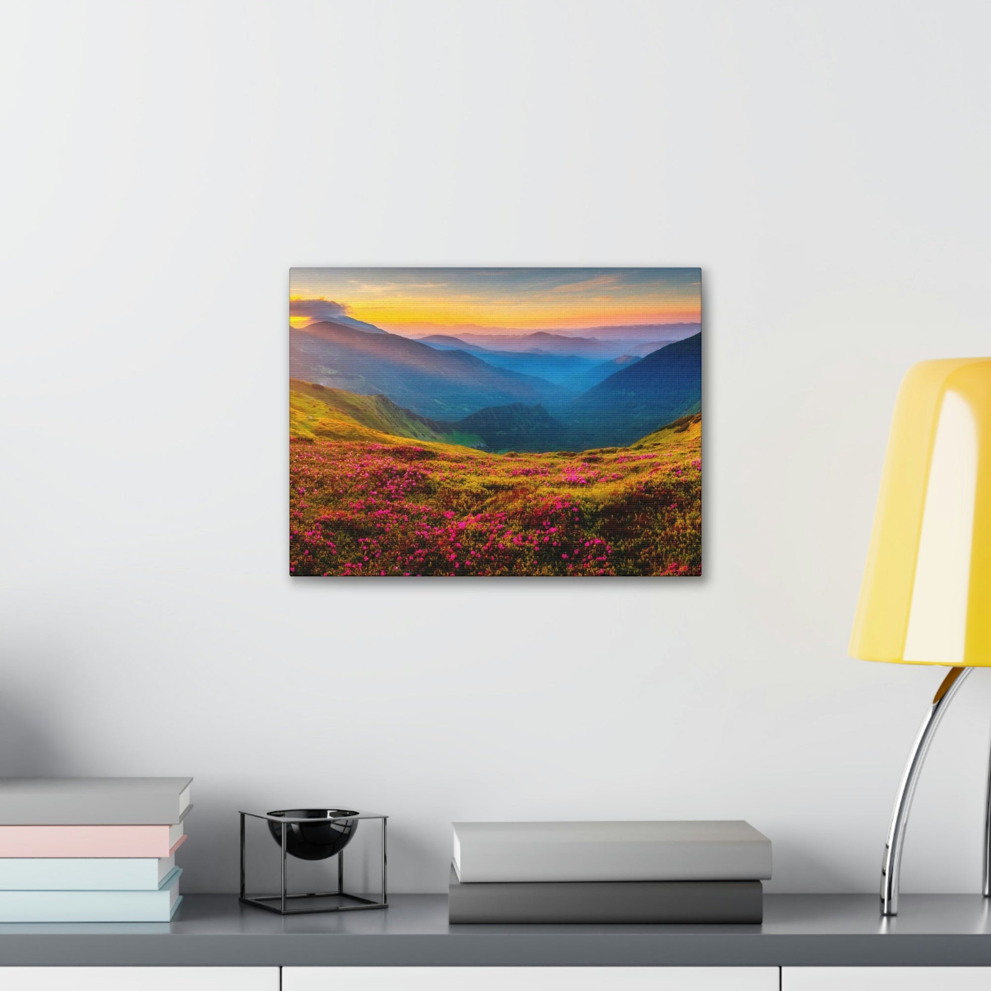 Attractive Summer Sunset at the Hill Scene Beautiful Impressive and Stunning Flowers Beauty Nature Scene Pink Flowers and Mountains Wall Art Ready to Hang Unframed-Express Your Love Gifts