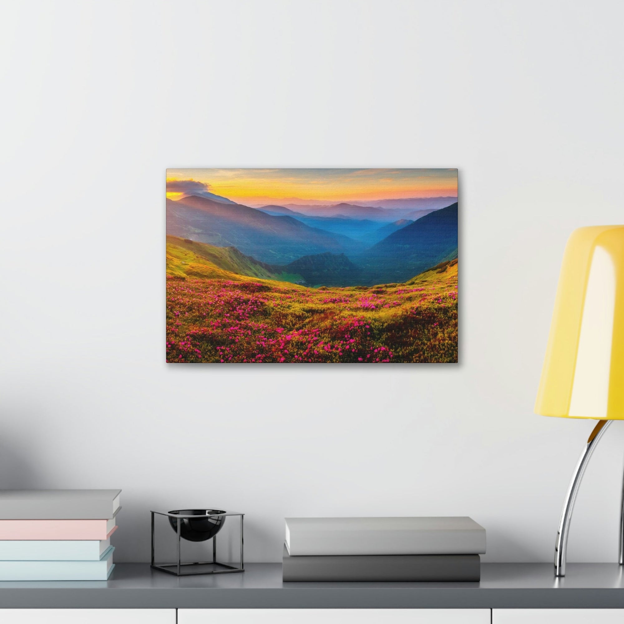 Attractive Summer Sunset at the Hill Scene Beautiful Impressive and Stunning Flowers Beauty Nature Scene Pink Flowers and Mountains Wall Art Ready to Hang Unframed-Express Your Love Gifts