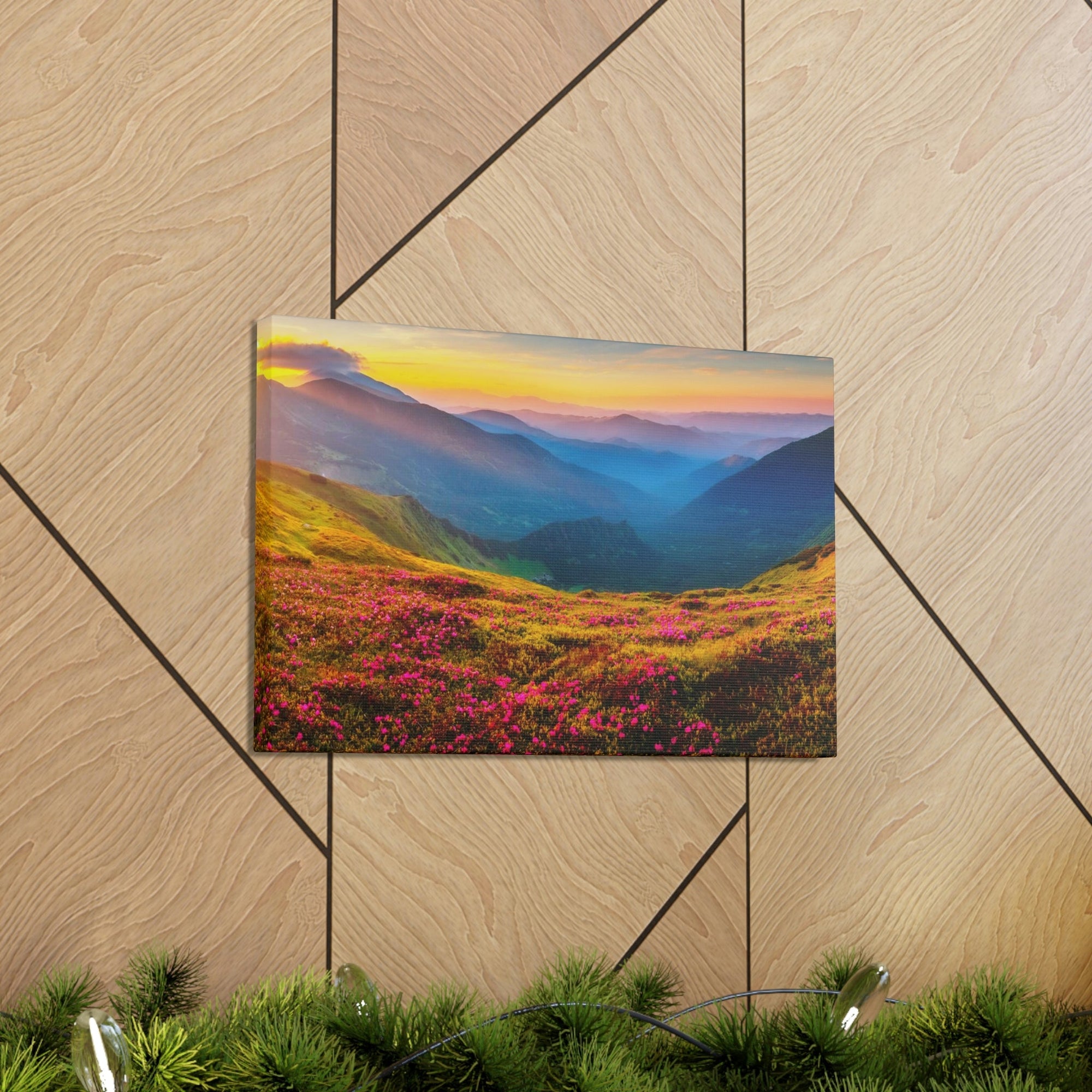 Attractive Summer Sunset at the Hill Scene Beautiful Impressive and Stunning Flowers Beauty Nature Scene Pink Flowers and Mountains Wall Art Ready to Hang Unframed-Express Your Love Gifts