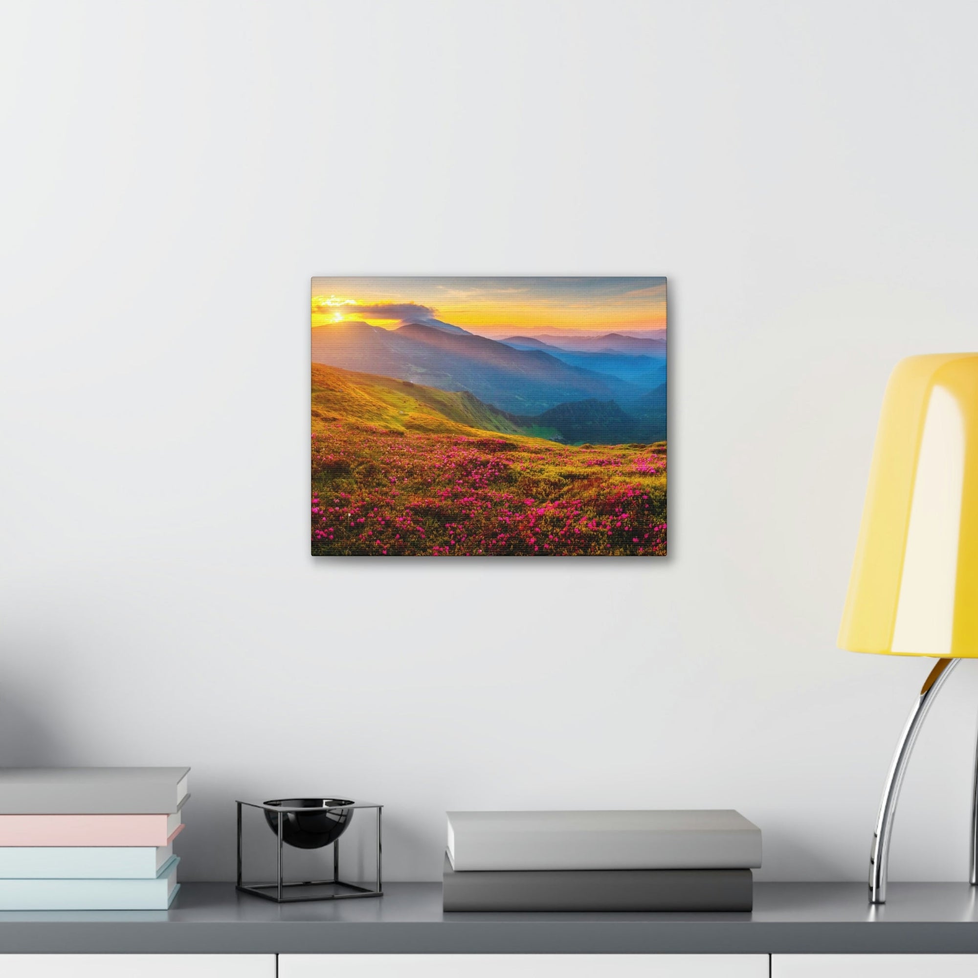 Attractive Summer Sunset at the Hill Scene Beautiful Impressive and Stunning Flowers Beauty Nature Scene Pink Flowers and Mountains Wall Art Ready to Hang Unframed-Express Your Love Gifts