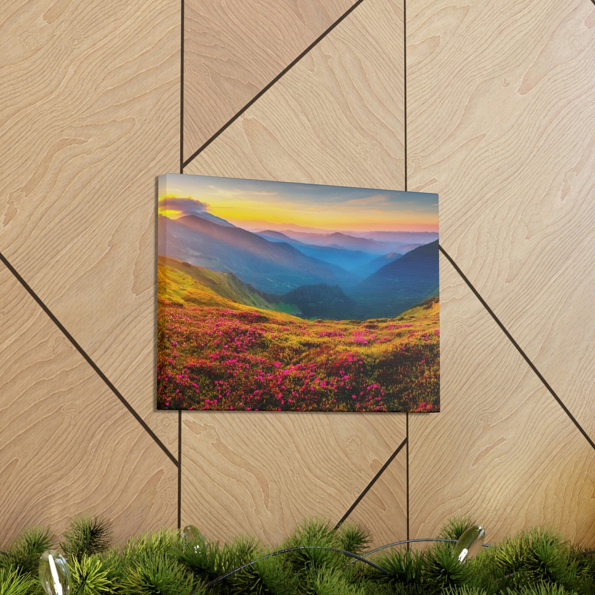 Attractive Summer Sunset at the Hill Scene Beautiful Impressive and Stunning Flowers Beauty Nature Scene Pink Flowers and Mountains Wall Art Ready to Hang Unframed-Express Your Love Gifts