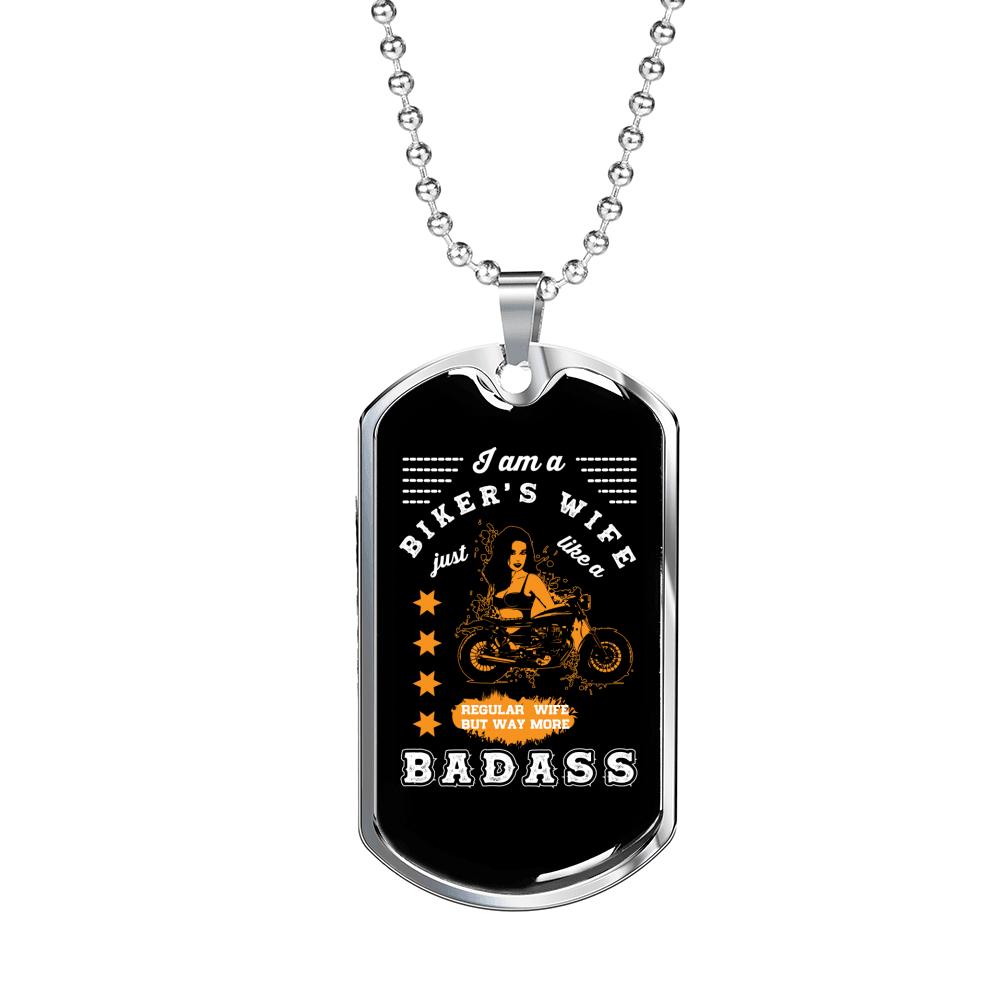 Badass Biker's Wife Necklace Stainless Steel or 18k Gold Dog Tag 24" Chain-Express Your Love Gifts