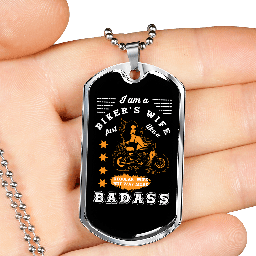 Badass Biker's Wife Necklace Stainless Steel or 18k Gold Dog Tag 24" Chain-Express Your Love Gifts