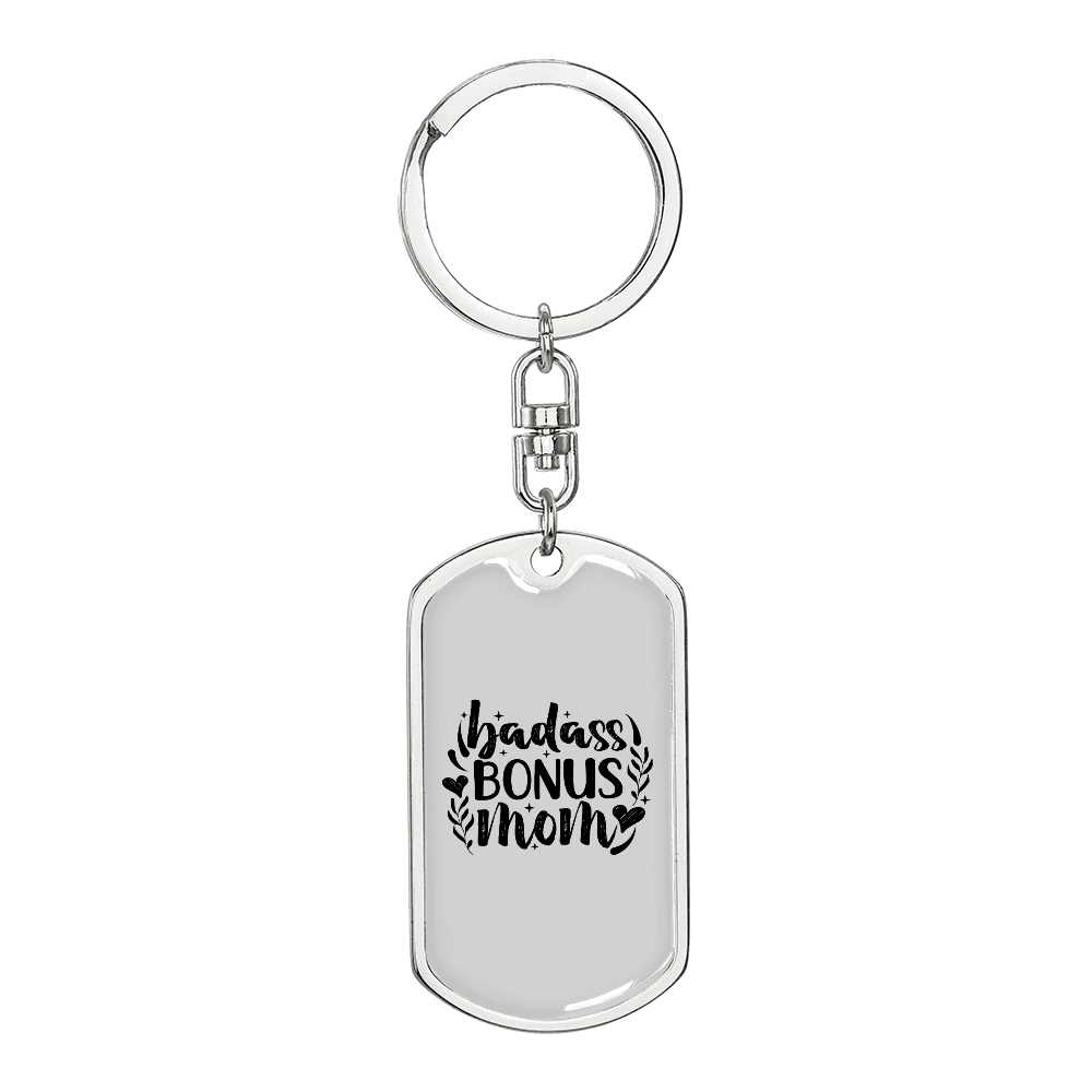 Badass Bonus Mom Keychain Stainless Steel or 18k Gold Dog Tag Keyring-Express Your Love Gifts