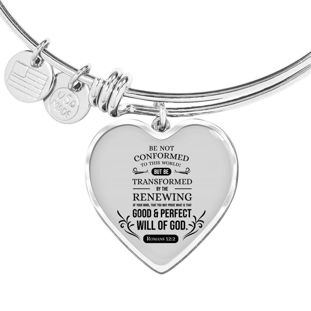 Be Not Conformed Romans 12:2 Bible Verse Heart Bangle Stainless Steel or 18k Gold 18-22"-Express Your Love Gifts