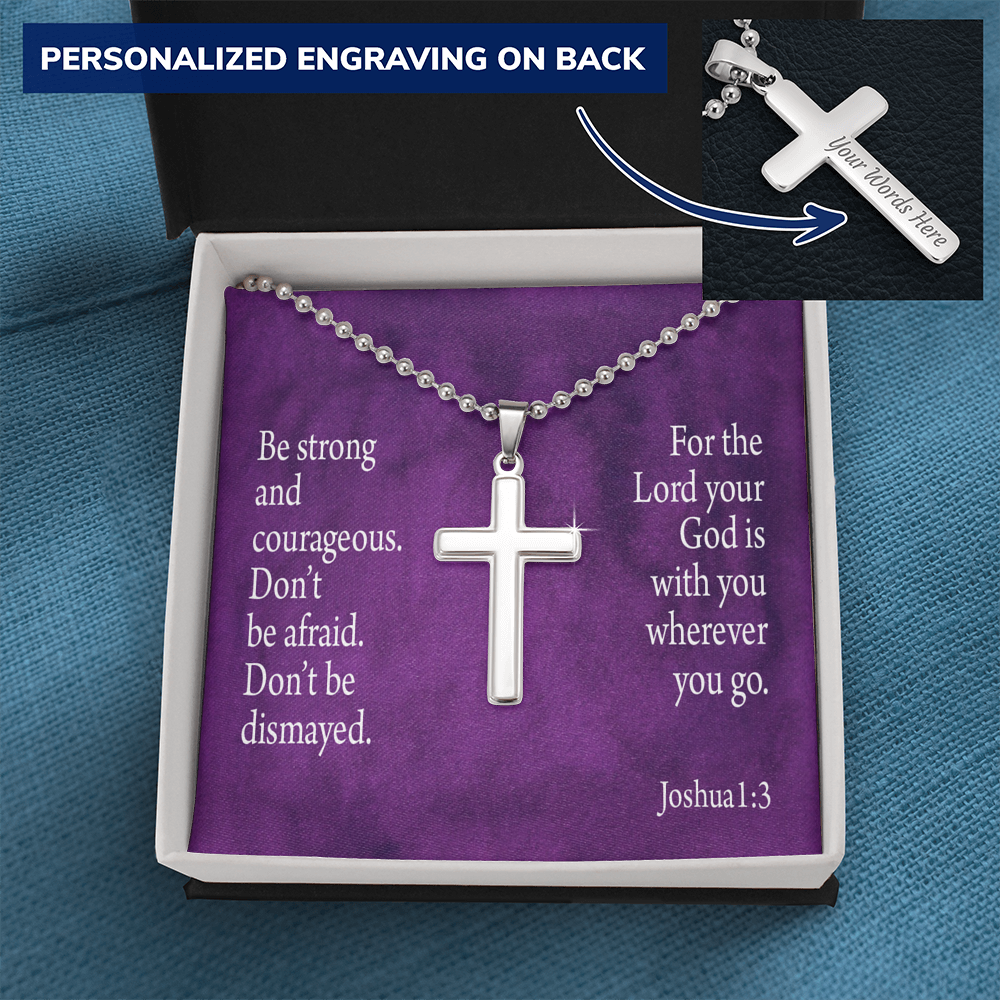 Be Strong And Courageous Joshua 1:9 Cross Necklace Message Card W Ball Chain Pendant-Express Your Love Gifts