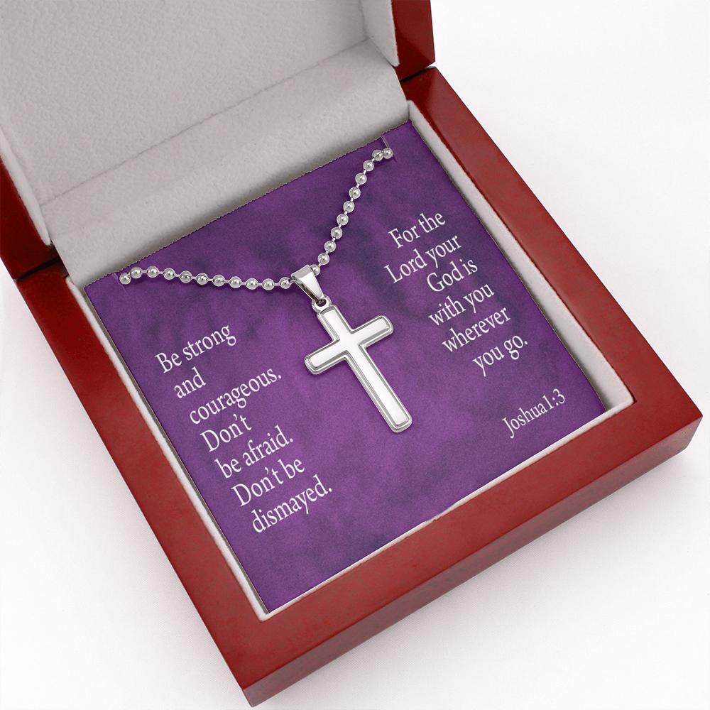 Be Strong And Courageous Joshua 1:9 Cross Necklace Message Card W Ball Chain Pendant-Express Your Love Gifts