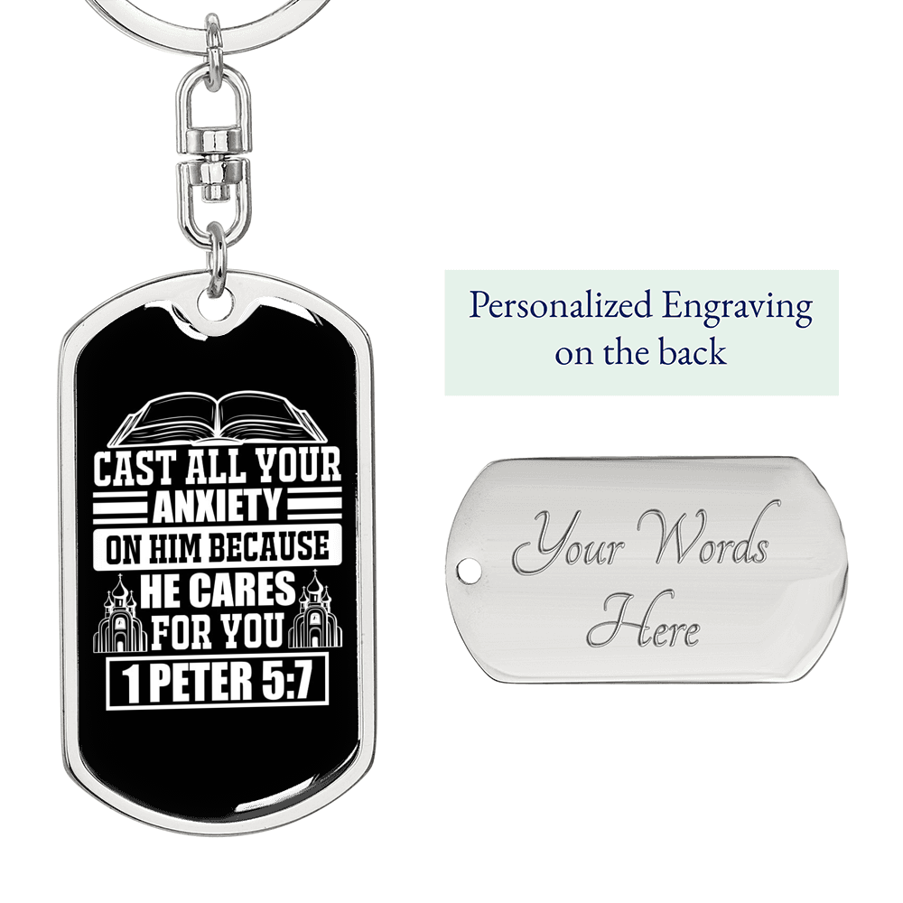 Because He CAres 1 Peter 5:7 Keychain Stainless Steel or 18k Gold Dog Tag Keyring-Express Your Love Gifts