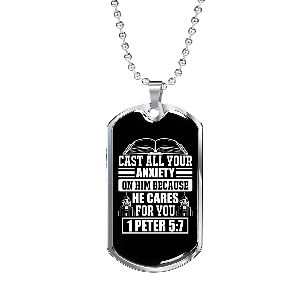 Because He Cares 1 Peter 5:7 Necklace Stainless Steel or 18k Gold Dog Tag 24"-Express Your Love Gifts