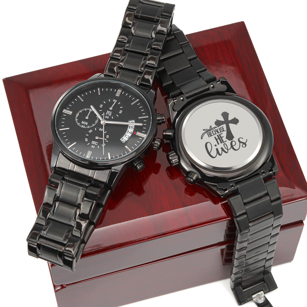 Because He Lives Engraved Bible Verse Men's Watch Multifunction Stainless Steel W Copper Dial-Express Your Love Gifts