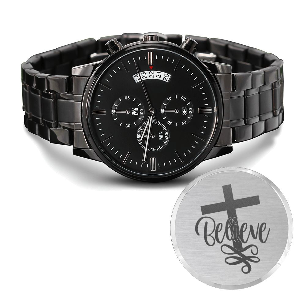 Believe Christ Engraved Bible Verse Men&#39;s Watch Multifunction Stainless Steel W Copper Dial-Express Your Love Gifts