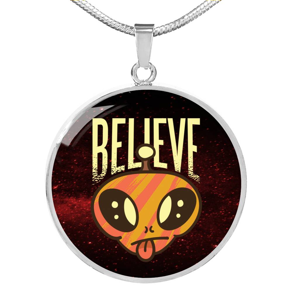 Believe Circle Pendant UFO Alien Fan Necklace Stainless Steel or 18k Gold 18-22"-Express Your Love Gifts