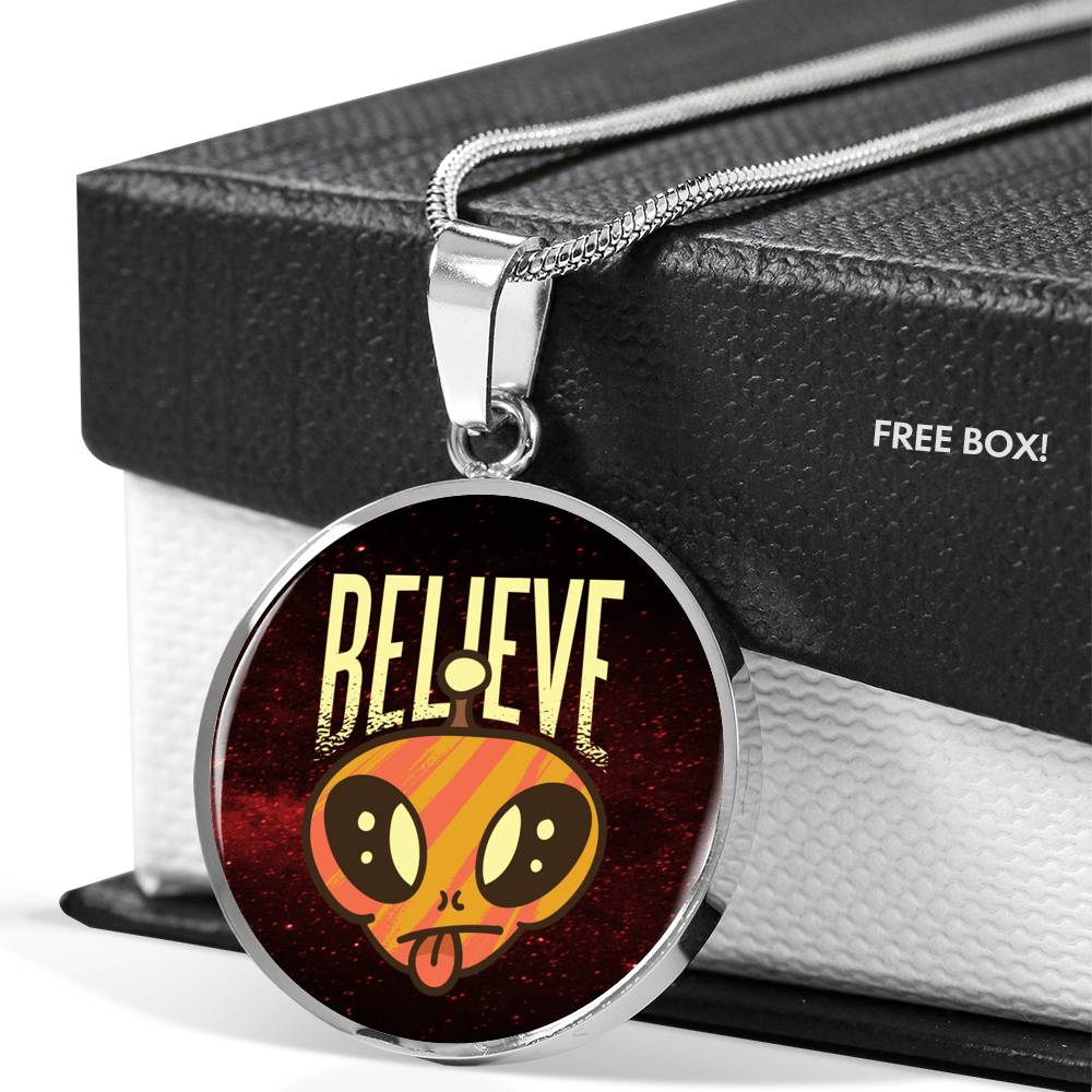 Believe Circle Pendant UFO Alien Fan Necklace Stainless Steel or 18k Gold 18-22"-Express Your Love Gifts