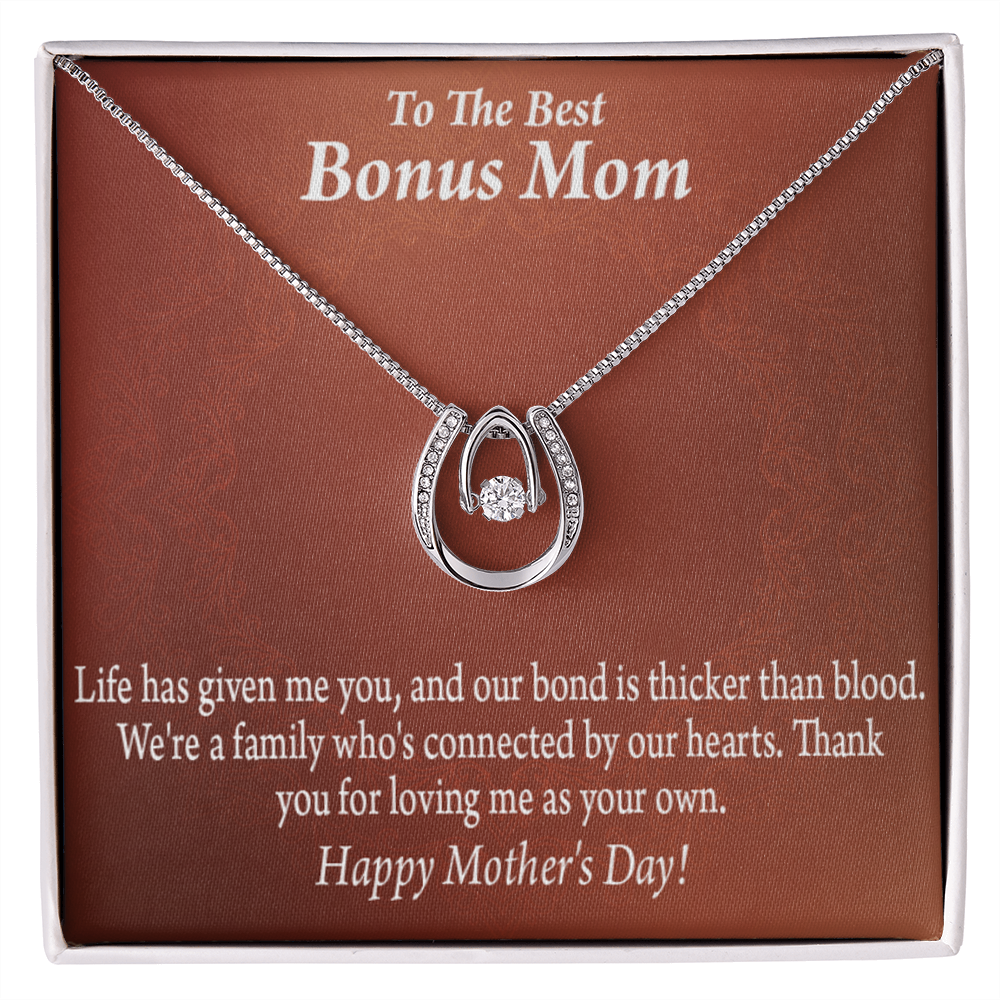 Best Bonus Mom Happy Mothers Day Lucky Horseshoe Necklace Message Card 14k w CZ Crystals-Express Your Love Gifts