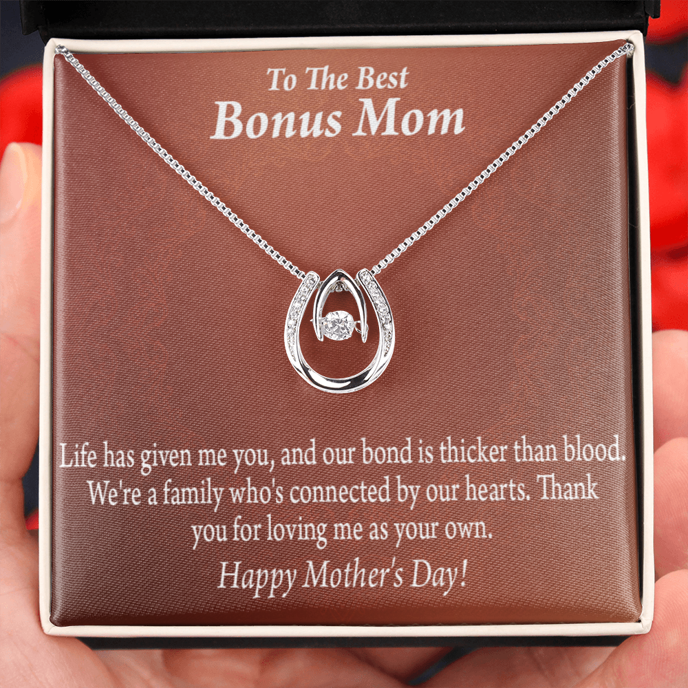 Best Bonus Mom Happy Mothers Day Lucky Horseshoe Necklace Message Card 14k w CZ Crystals-Express Your Love Gifts