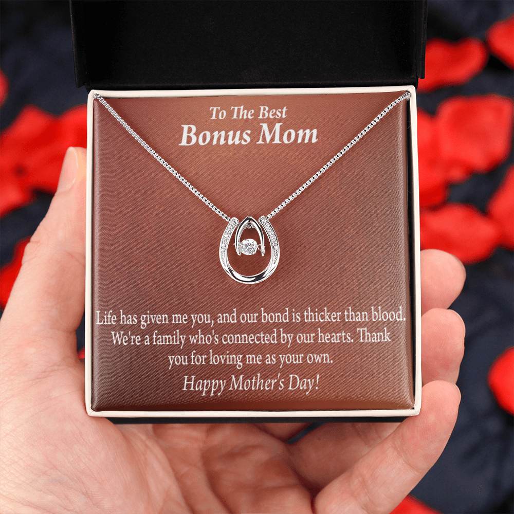 Best Bonus Mom Happy Mothers Day Lucky Horseshoe Necklace Message Card 14k w CZ Crystals-Express Your Love Gifts