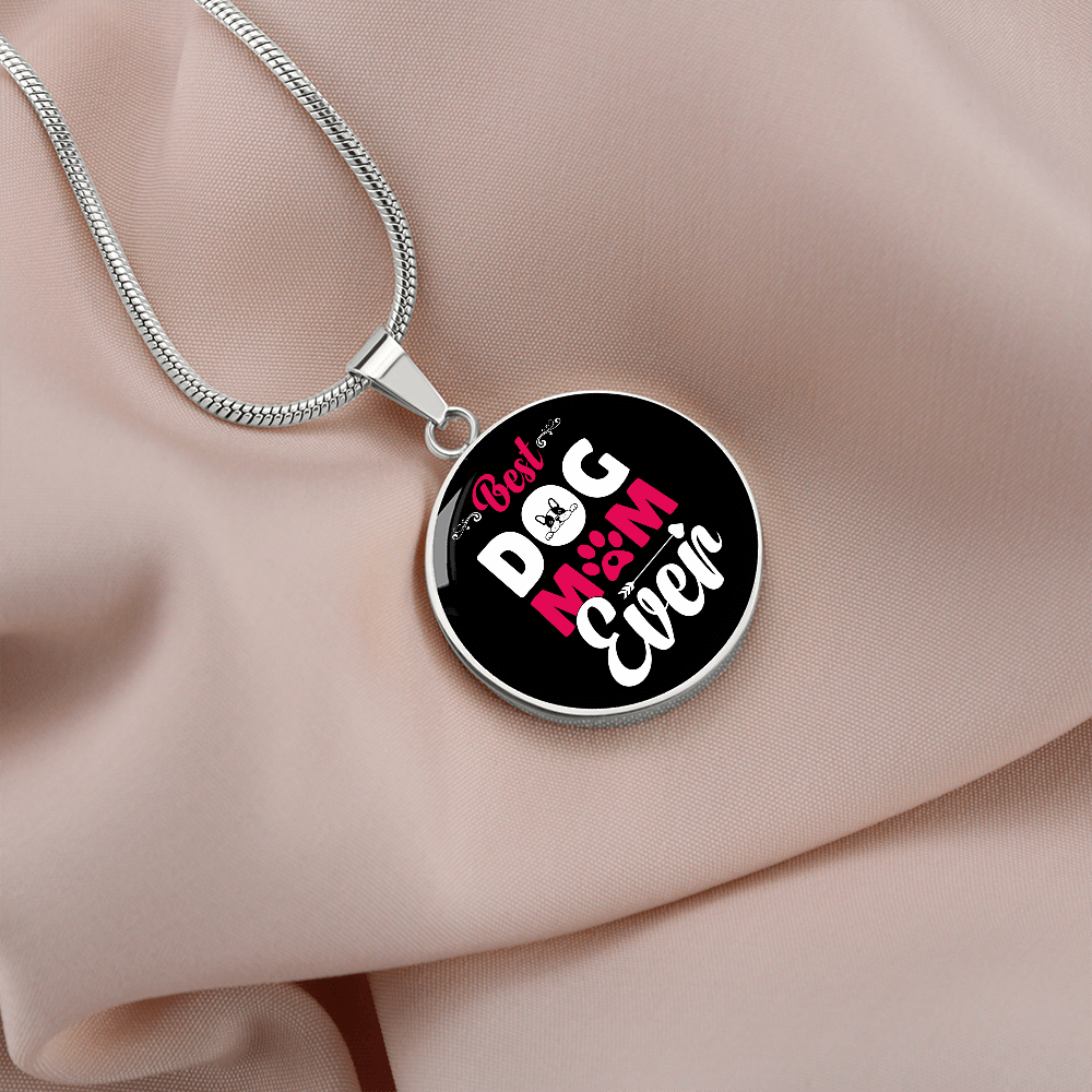 Best Dog Mom Ever Pink White Circle Necklace Stainless Steel or 18k Gold 18-22"-Express Your Love Gifts