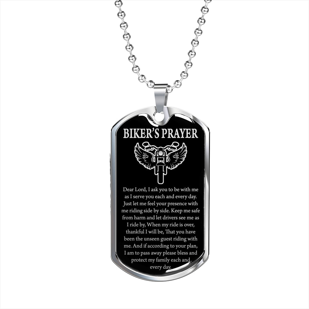Biker's Prayer Angel Wings Bike Necklace Dog Tag Stainless Steel or 18k Gold 24" Chain"-Express Your Love Gifts