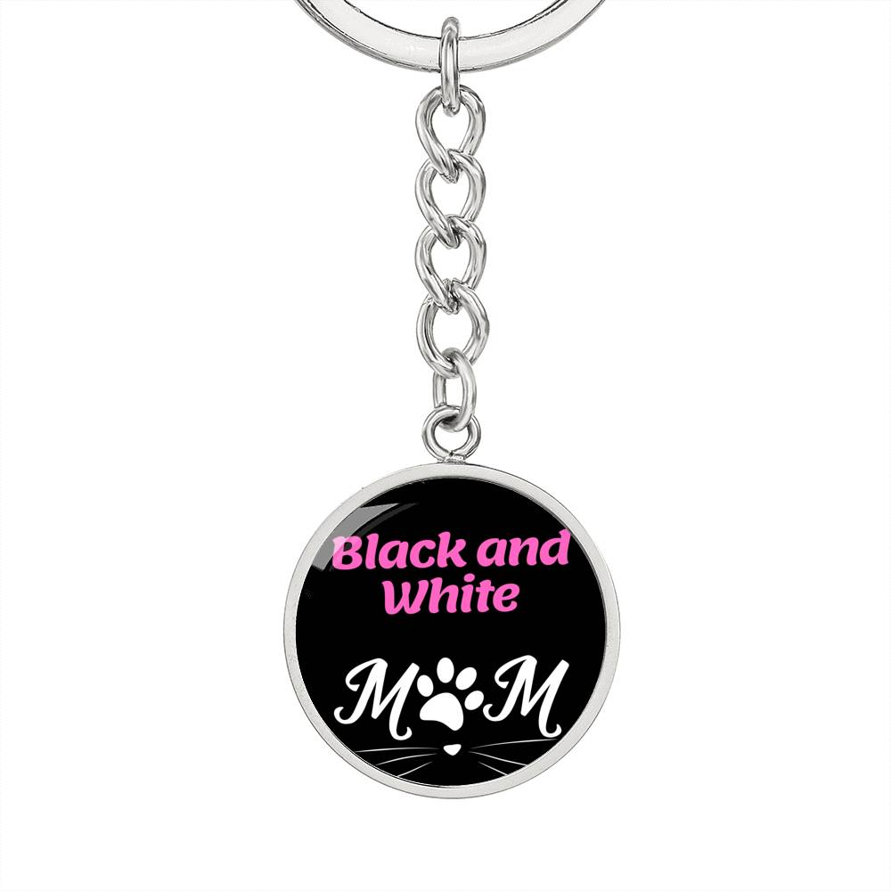 Black And White Cat Mom Keychain Stainless Steel or 18k Gold Circle Pendant-Express Your Love Gifts