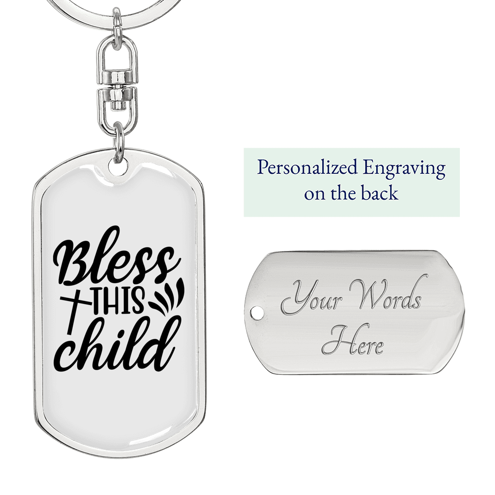 Bless This Child Cross Keychain Stainless Steel or 18k Gold Dog Tag Keyring-Express Your Love Gifts