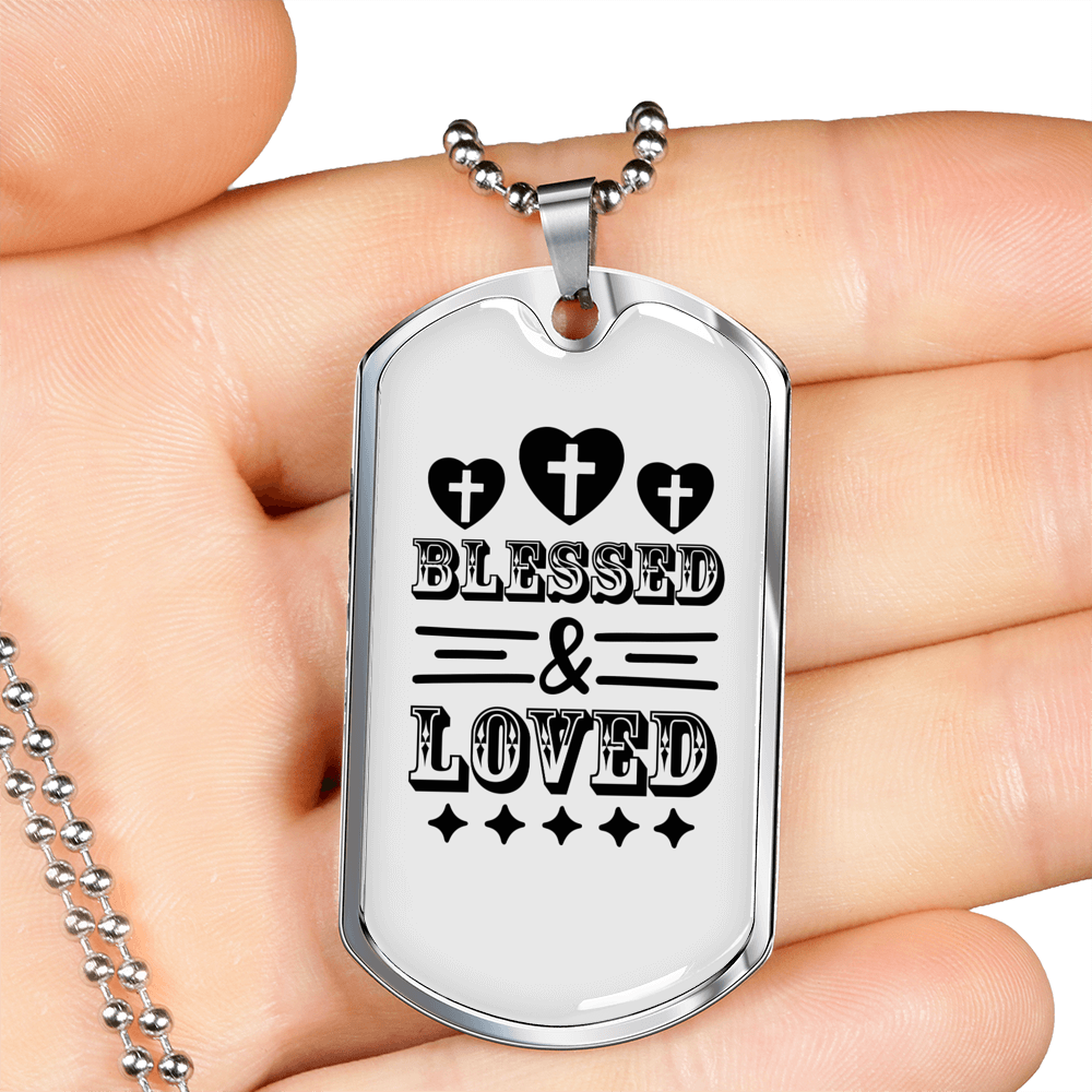 Blessed And Loved Cross Necklace Stainless Steel or 18k Gold Dog Tag 24" Chain-Express Your Love Gifts