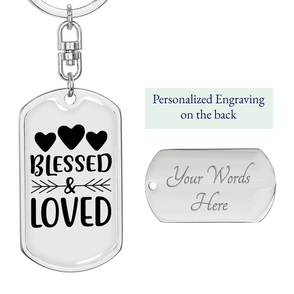 Blessed And Loved Keychain Stainless Steel or 18k Gold Dog Tag Keyring-Express Your Love Gifts
