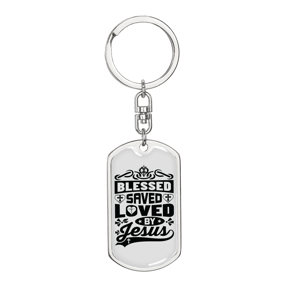 Blessed Saved Loved Black Keychain Stainless Steel or 18k Gold Dog Tag Keyring-Express Your Love Gifts