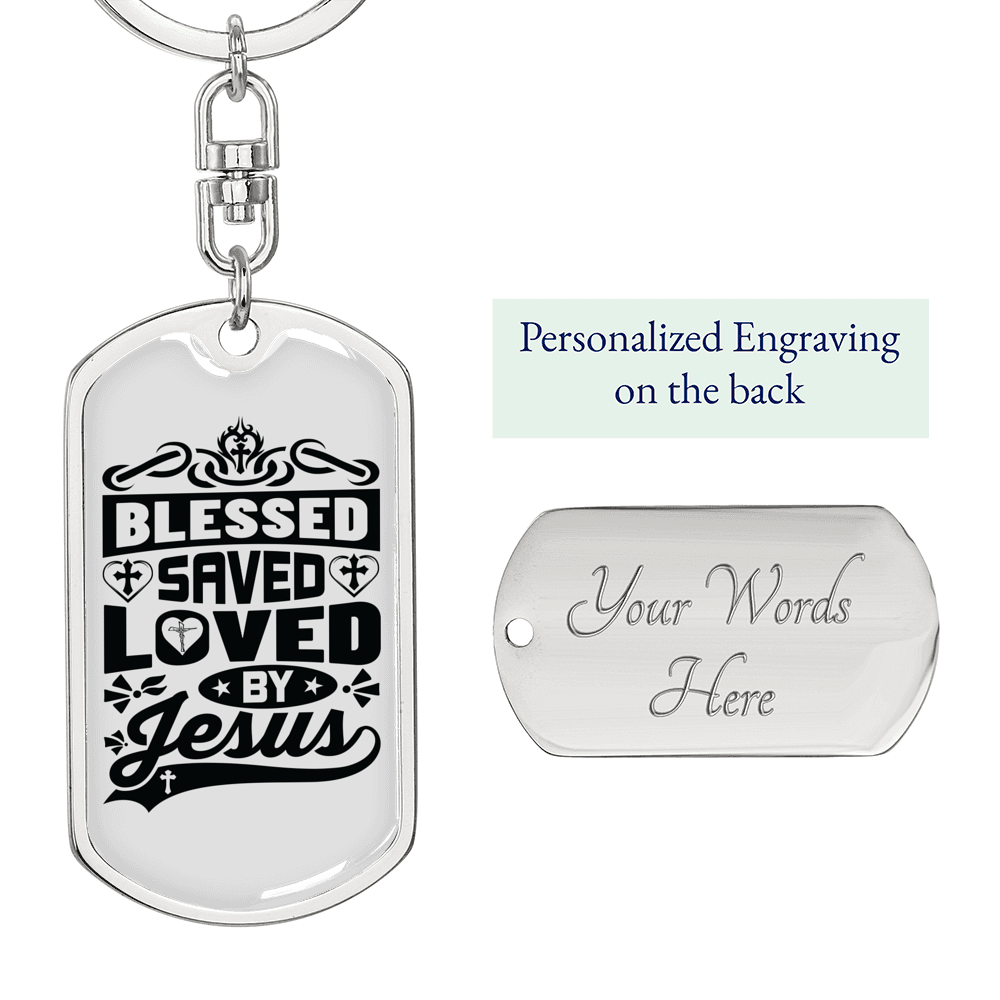 Blessed Saved Loved Black Keychain Stainless Steel or 18k Gold Dog Tag Keyring-Express Your Love Gifts