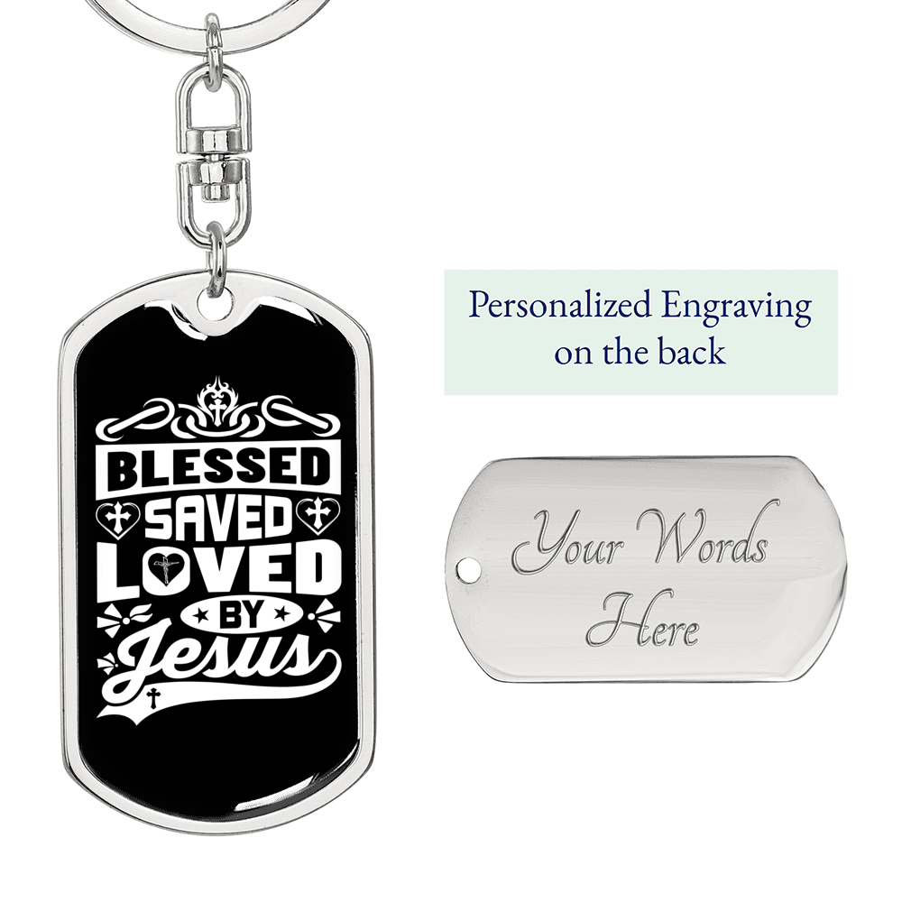 Blessed Saved Loved Keychain Stainless Steel or 18k Gold Dog Tag Keyring-Express Your Love Gifts