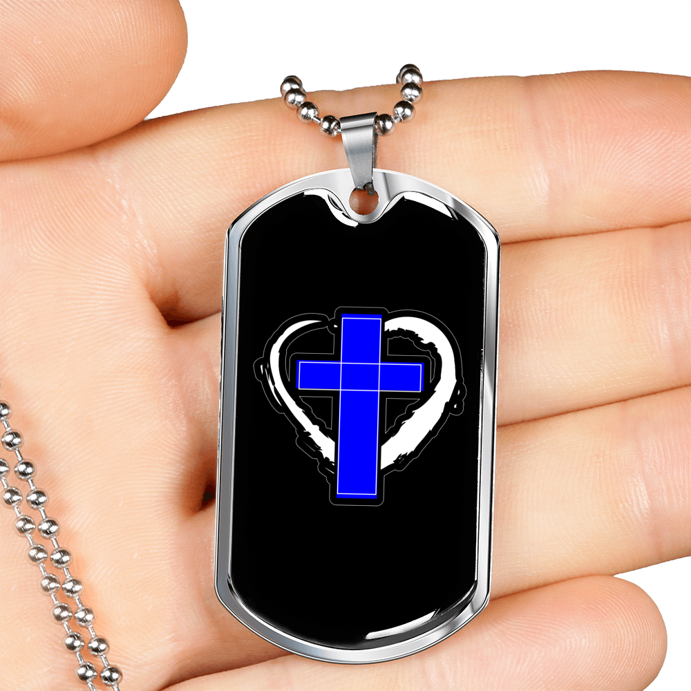 Blue Cross Necklace Stainless Steel or 18k Gold Dog Tag 24" Chain-Express Your Love Gifts