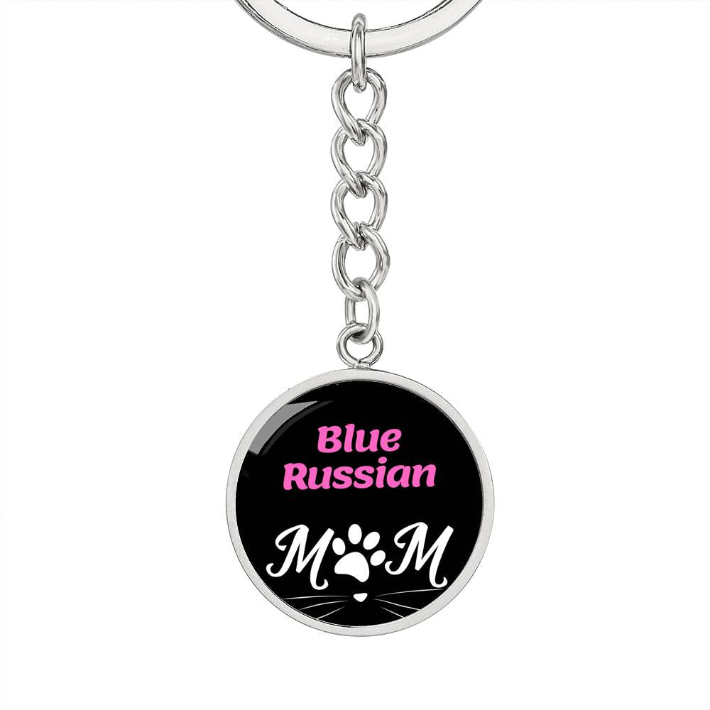 Blue Russian Cat Mom Keychain Stainless Steel or 18k Gold Circle Pendant-Express Your Love Gifts