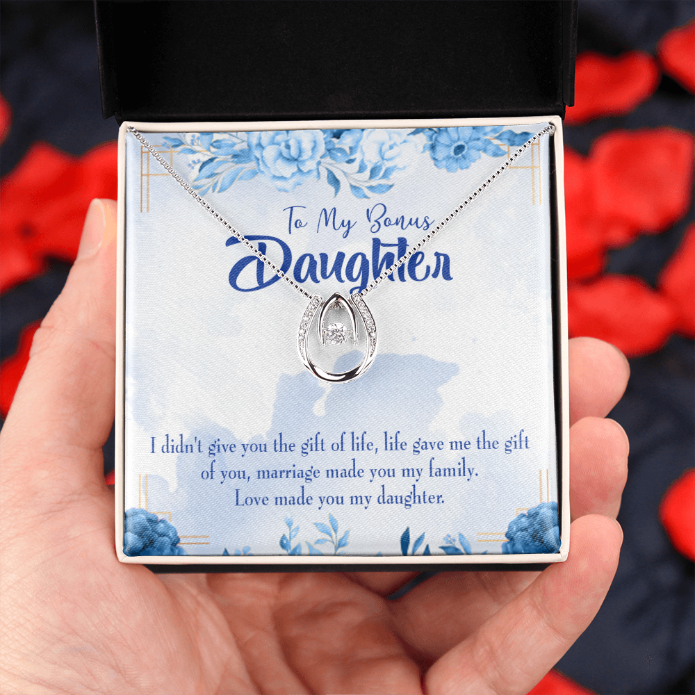 Bonus Daughter Lucky Horseshoe Necklace Message Card 14k w CZ Crystals-Express Your Love Gifts