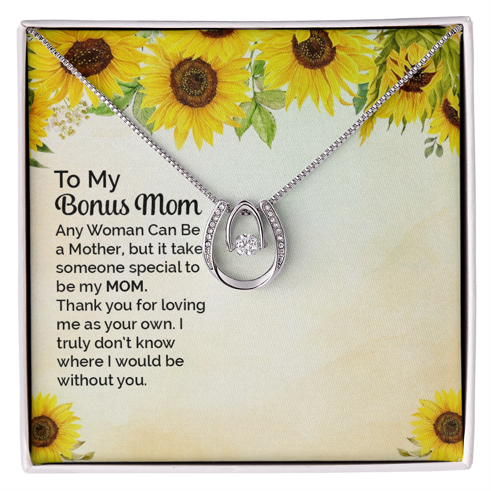 Bonus Mom Any Woman Lucky Horseshoe Necklace Message Card 14k w CZ Crystals-Express Your Love Gifts