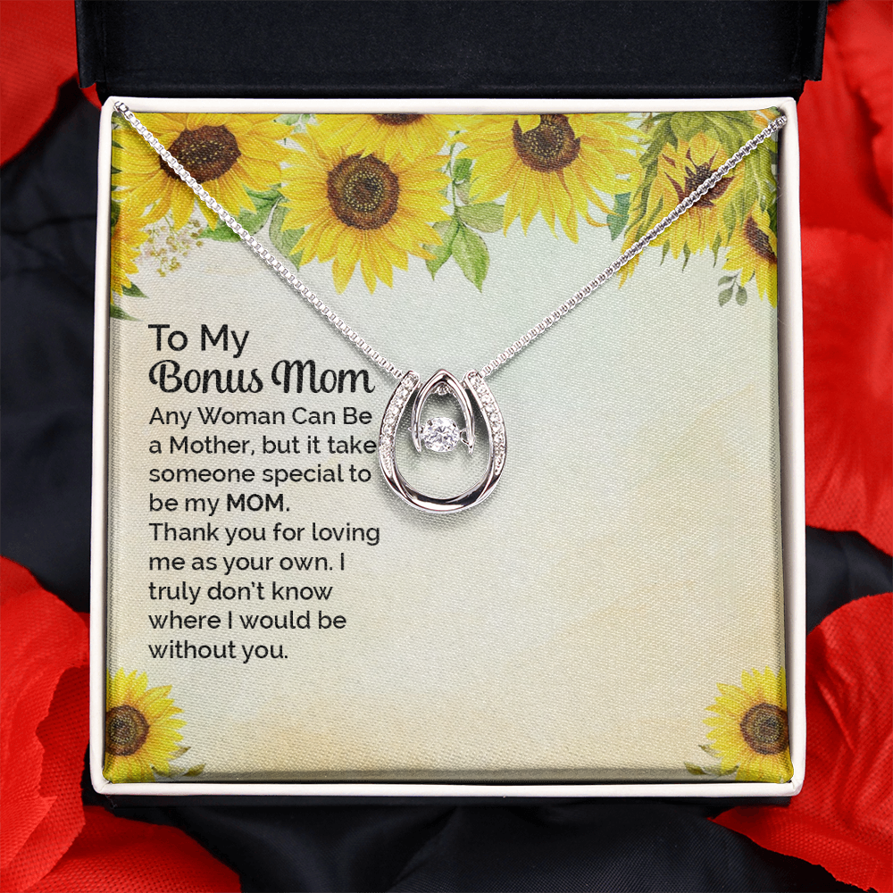 Bonus Mom Any Woman Lucky Horseshoe Necklace Message Card 14k w CZ Crystals-Express Your Love Gifts