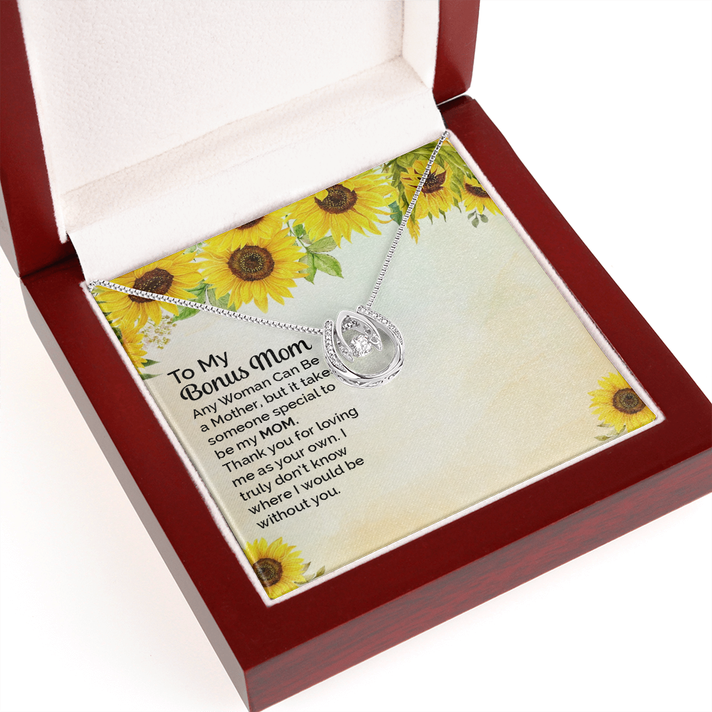 Bonus Mom Any Woman Lucky Horseshoe Necklace Message Card 14k w CZ Crystals-Express Your Love Gifts