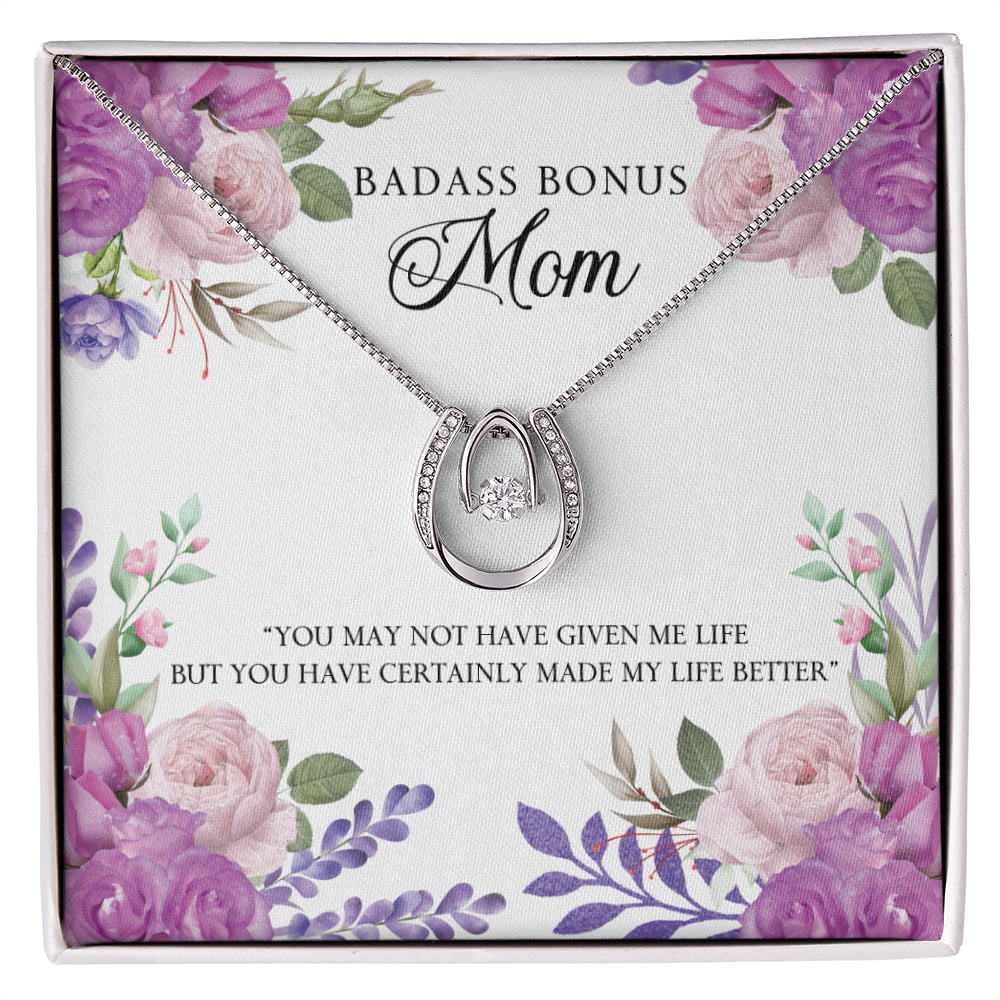 Bonus Mom Badass Mom Lucky Horseshoe Necklace Message Card 14k w CZ Crystals-Express Your Love Gifts