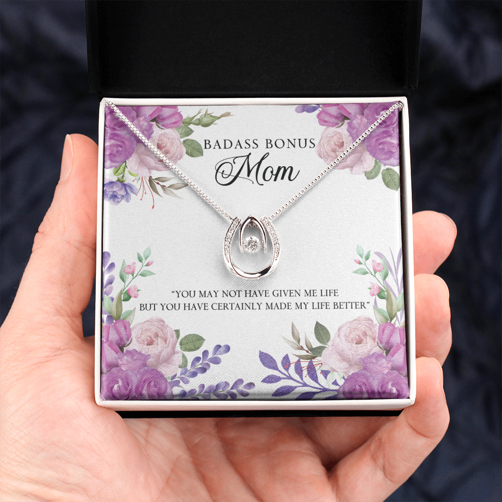 Bonus Mom Badass Mom Lucky Horseshoe Necklace Message Card 14k w CZ Crystals-Express Your Love Gifts