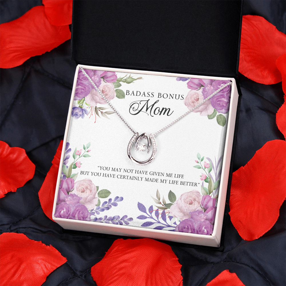 Bonus Mom Badass Mom Lucky Horseshoe Necklace Message Card 14k w CZ Crystals-Express Your Love Gifts