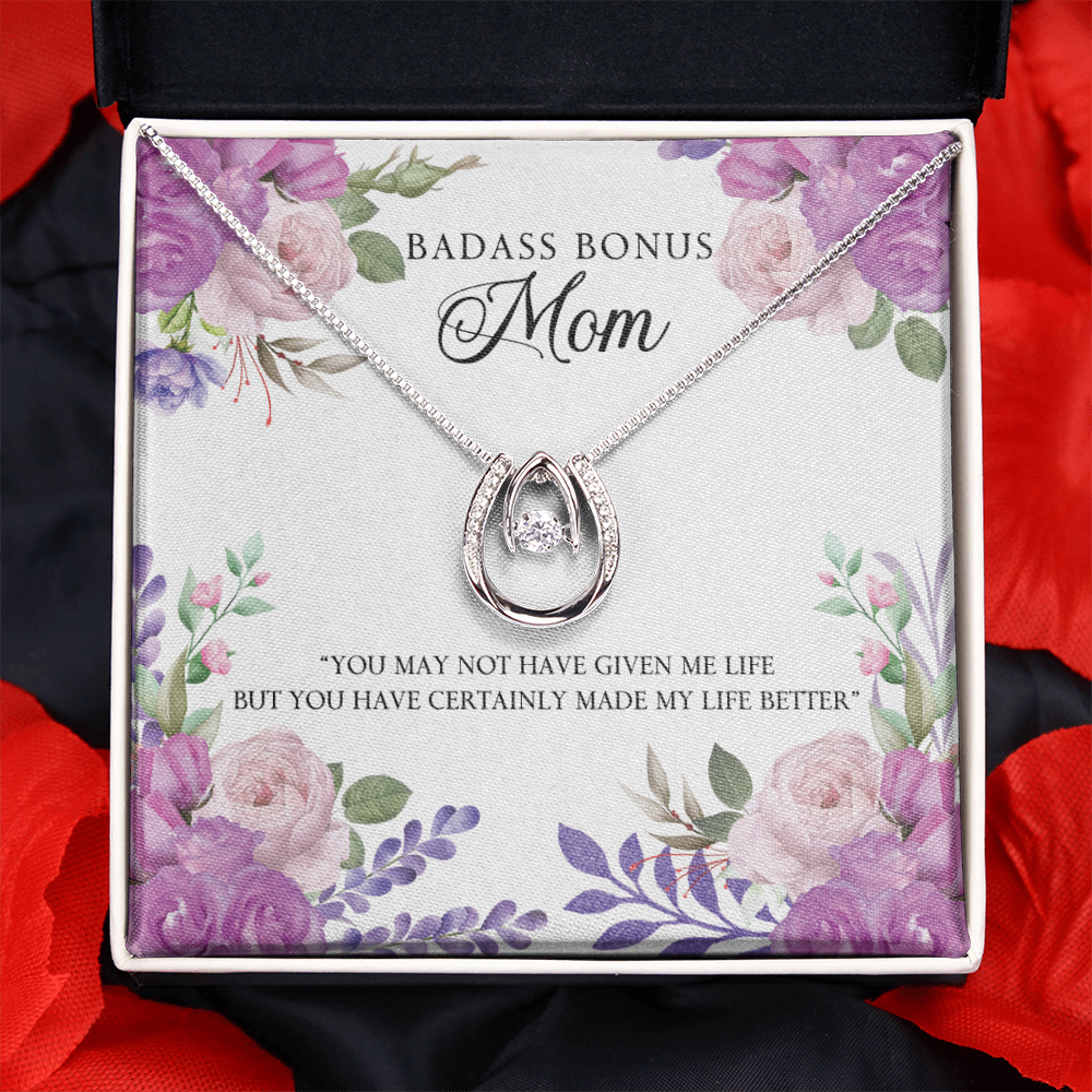 Bonus Mom Badass Mom Lucky Horseshoe Necklace Message Card 14k w CZ Crystals-Express Your Love Gifts