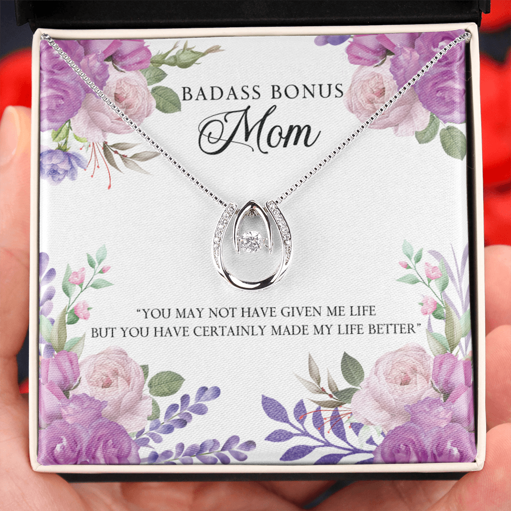 Bonus Mom Badass Mom Lucky Horseshoe Necklace Message Card 14k w CZ Crystals-Express Your Love Gifts