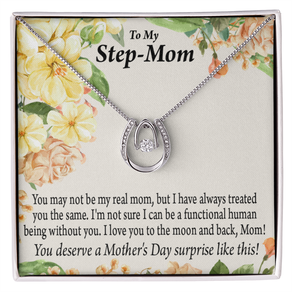 Bonus Mom Moon and Back Lucky Horseshoe Necklace Message Card 14k w CZ Crystals-Express Your Love Gifts