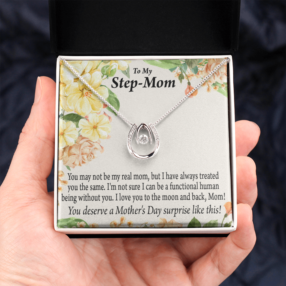 Bonus Mom Moon and Back Lucky Horseshoe Necklace Message Card 14k w CZ Crystals-Express Your Love Gifts