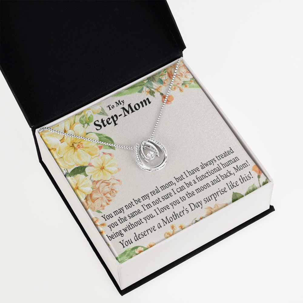 Bonus Mom Moon and Back Lucky Horseshoe Necklace Message Card 14k w CZ Crystals-Express Your Love Gifts