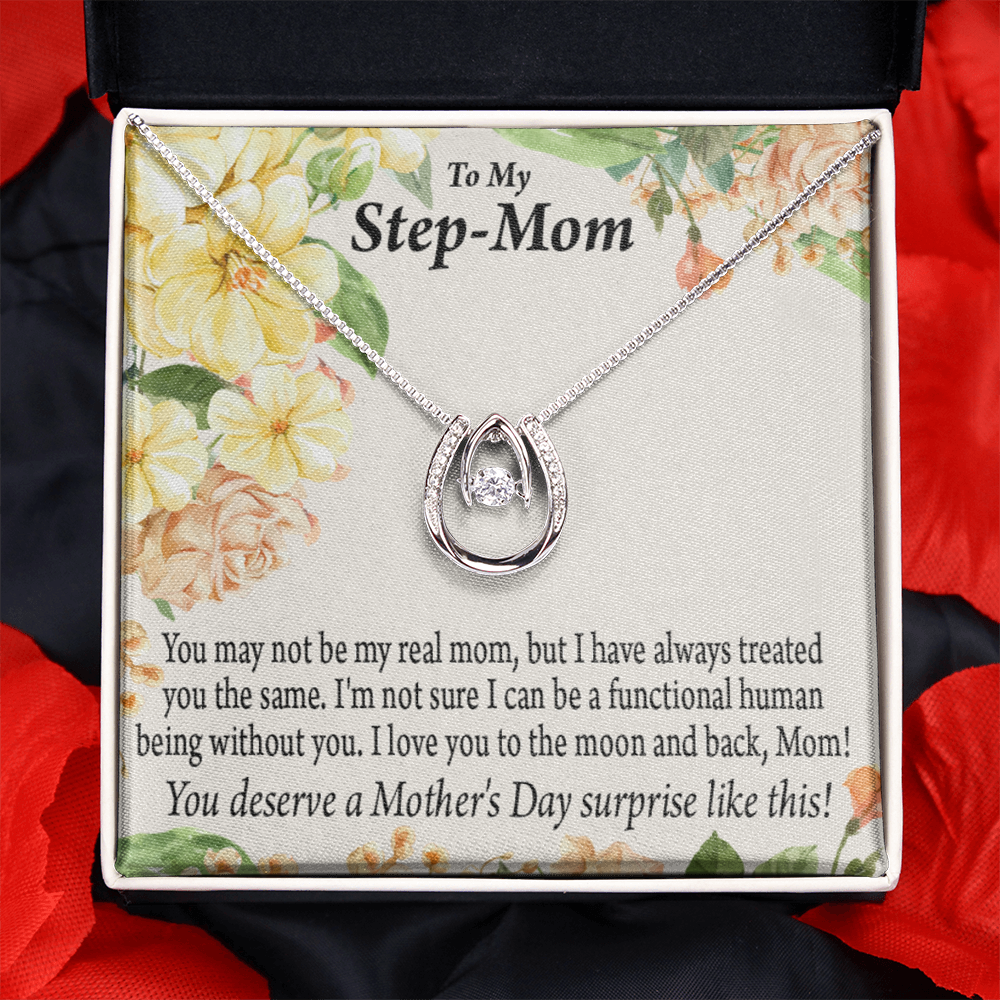 Bonus Mom Moon and Back Lucky Horseshoe Necklace Message Card 14k w CZ Crystals-Express Your Love Gifts