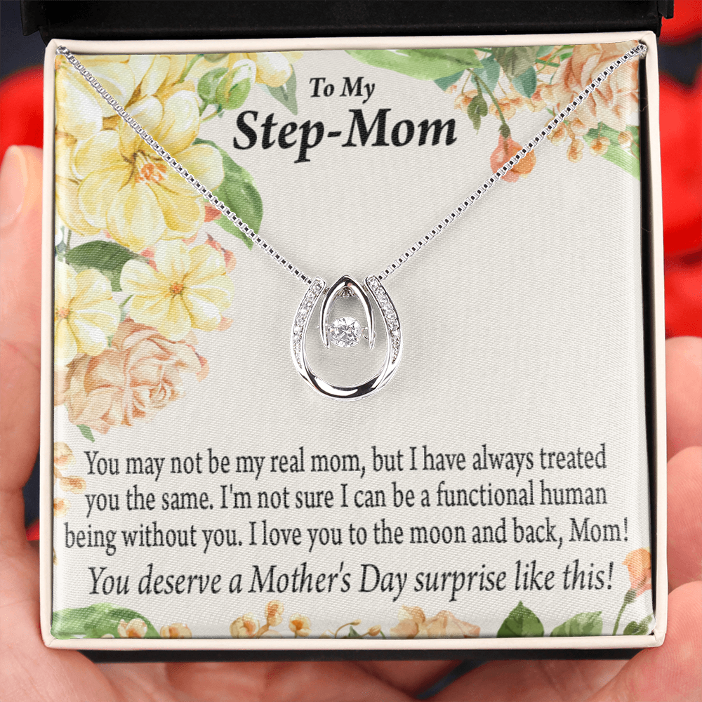 Bonus Mom Moon and Back Lucky Horseshoe Necklace Message Card 14k w CZ Crystals-Express Your Love Gifts