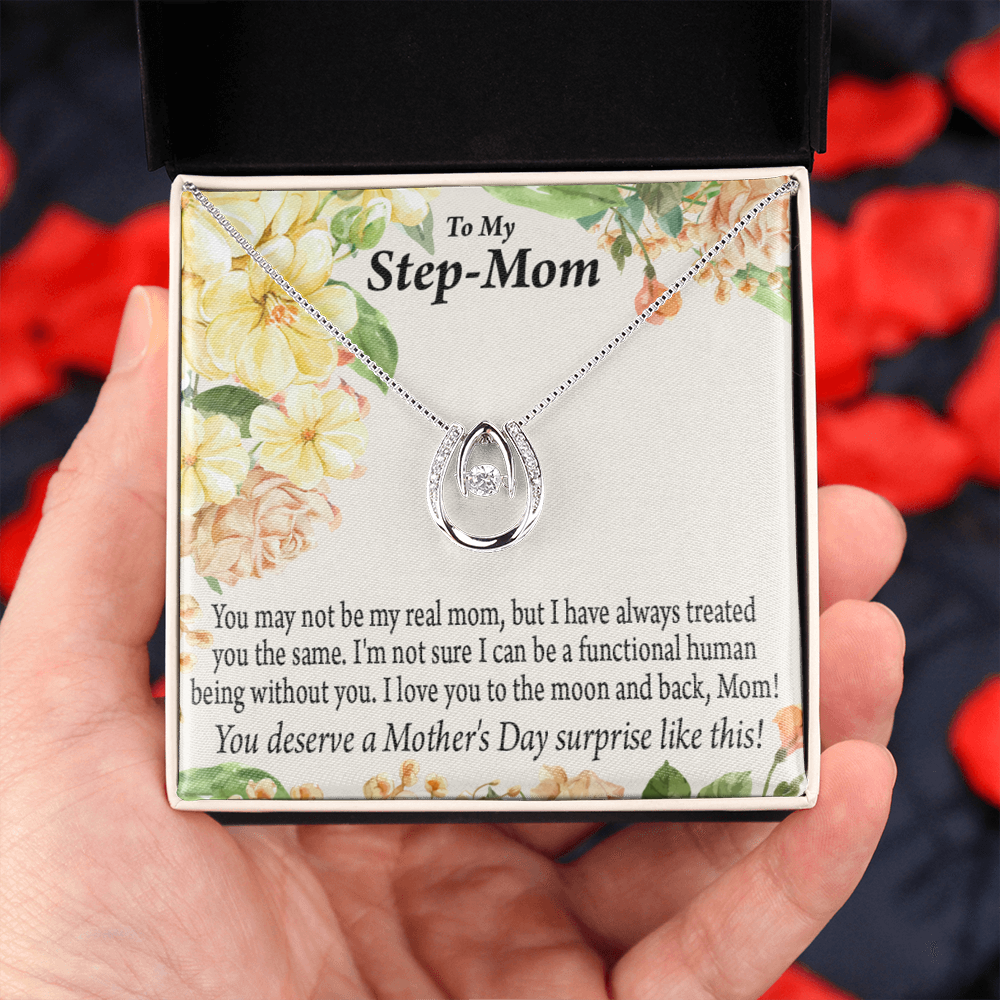 Bonus Mom Moon and Back Lucky Horseshoe Necklace Message Card 14k w CZ Crystals-Express Your Love Gifts