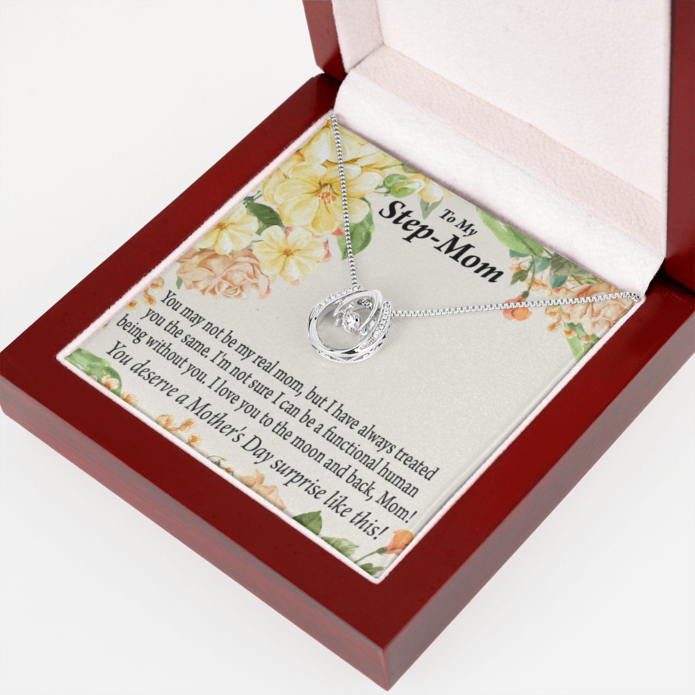 Bonus Mom Moon and Back Lucky Horseshoe Necklace Message Card 14k w CZ Crystals-Express Your Love Gifts