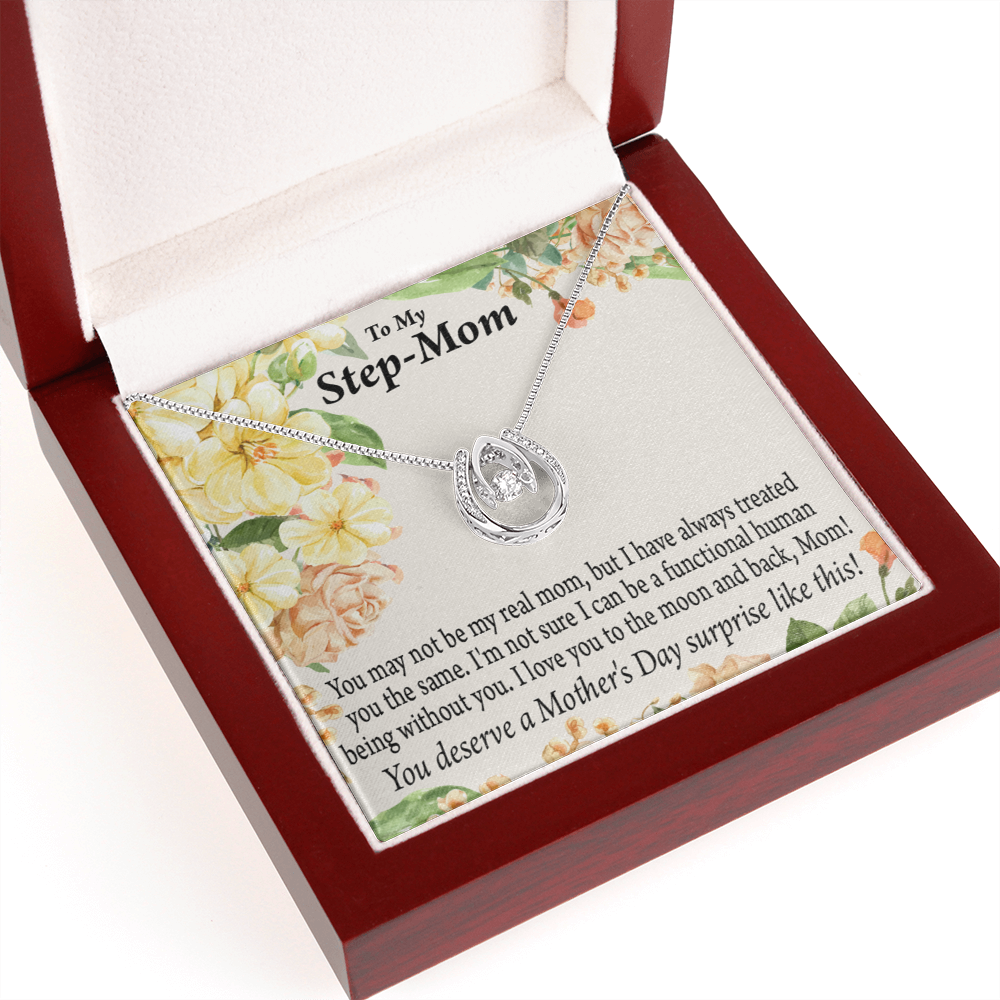 Bonus Mom Moon and Back Lucky Horseshoe Necklace Message Card 14k w CZ Crystals-Express Your Love Gifts