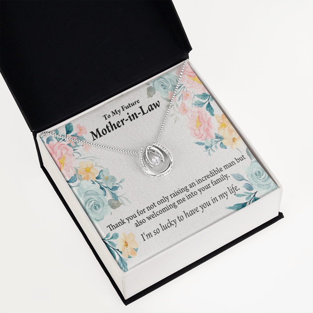 Bonus Mom Mother-in-Law Lucky Horseshoe Necklace Message Card 14k w CZ Crystals-Express Your Love Gifts