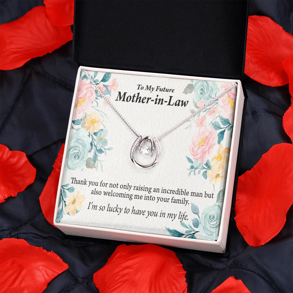 Bonus Mom Mother-in-Law Lucky Horseshoe Necklace Message Card 14k w CZ Crystals-Express Your Love Gifts